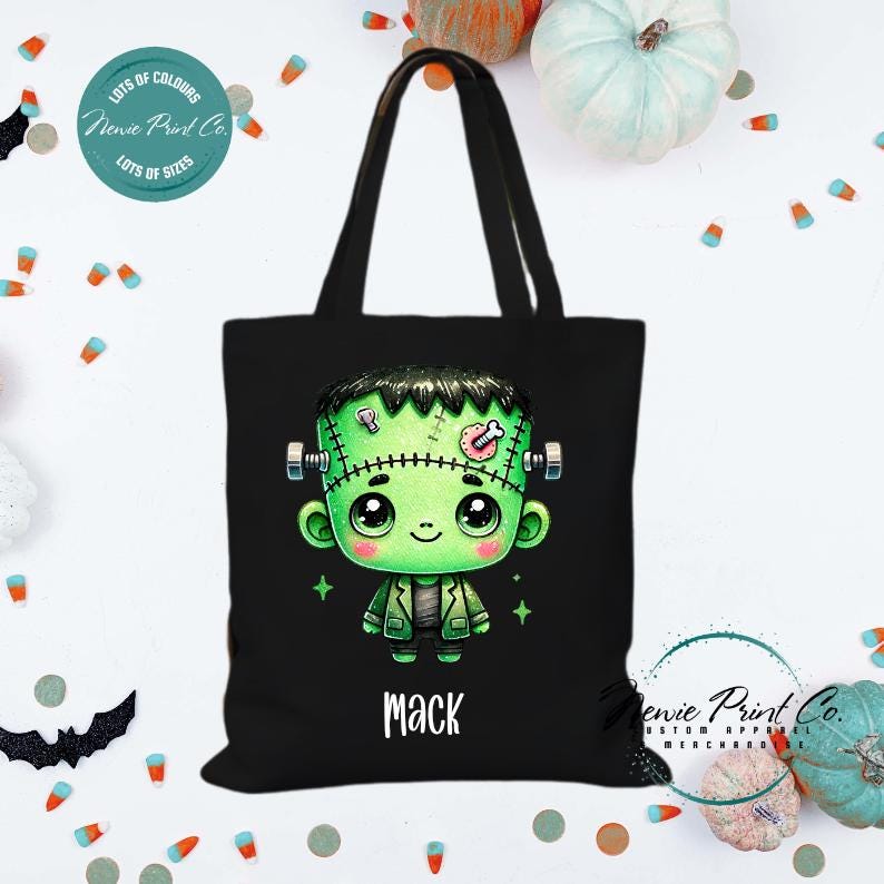 Custom Halloween tote bag with a cute zombie Frankenstein boy, optional personalised name printed on the front, perfect for trick-or-treating or spooky season gifts