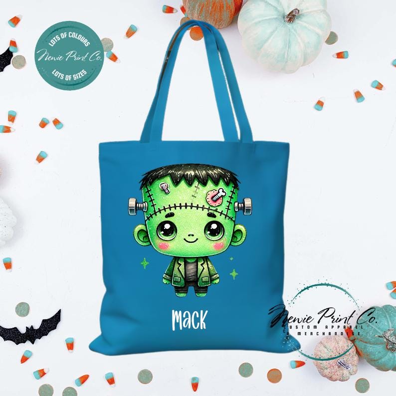 Custom Halloween tote bag with a cute zombie Frankenstein boy, optional personalised name printed on the front, perfect for trick-or-treating or spooky season gifts