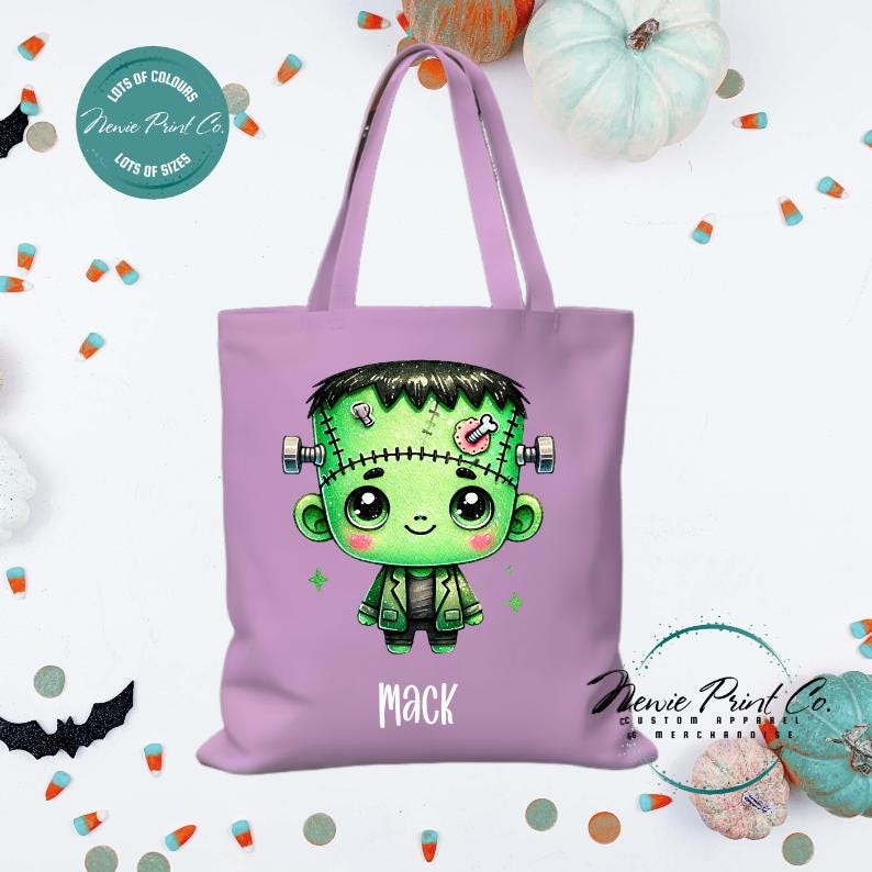 Custom Halloween tote bag with a cute zombie Frankenstein boy, optional personalised name printed on the front, perfect for trick-or-treating or spooky season gifts
