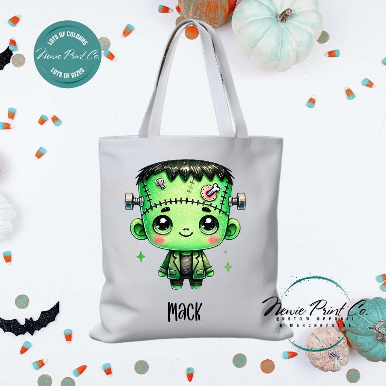 Custom Halloween tote bag with a cute zombie Frankenstein boy, optional personalised name printed on the front, perfect for trick-or-treating or spooky season gifts printed in Australia by Newie Print Co.
