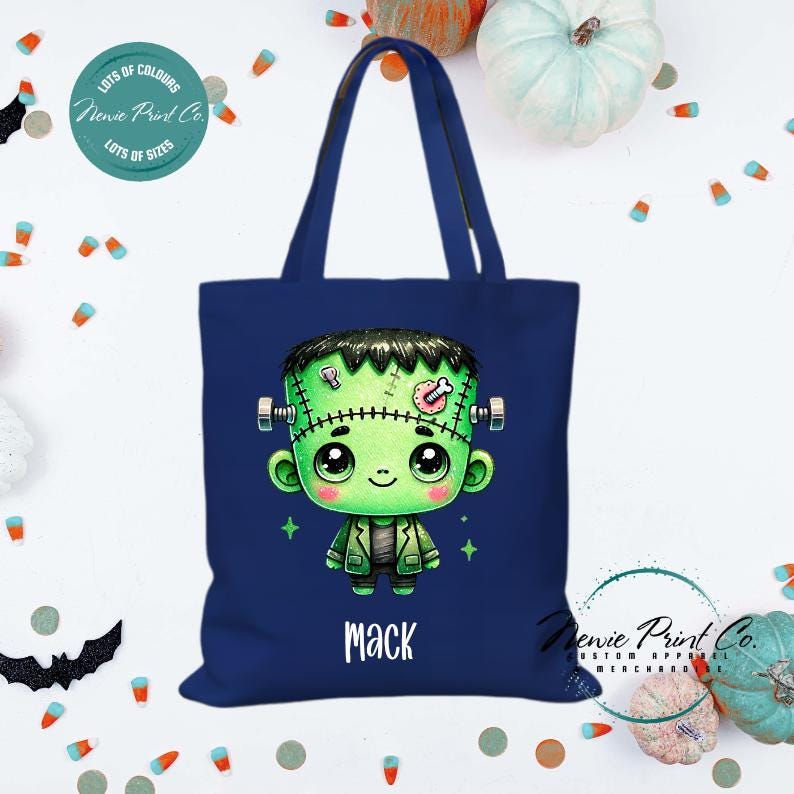 Custom Halloween tote bag with a cute zombie Frankenstein boy, optional personalised name printed on the front, perfect for trick-or-treating or spooky season gifts
