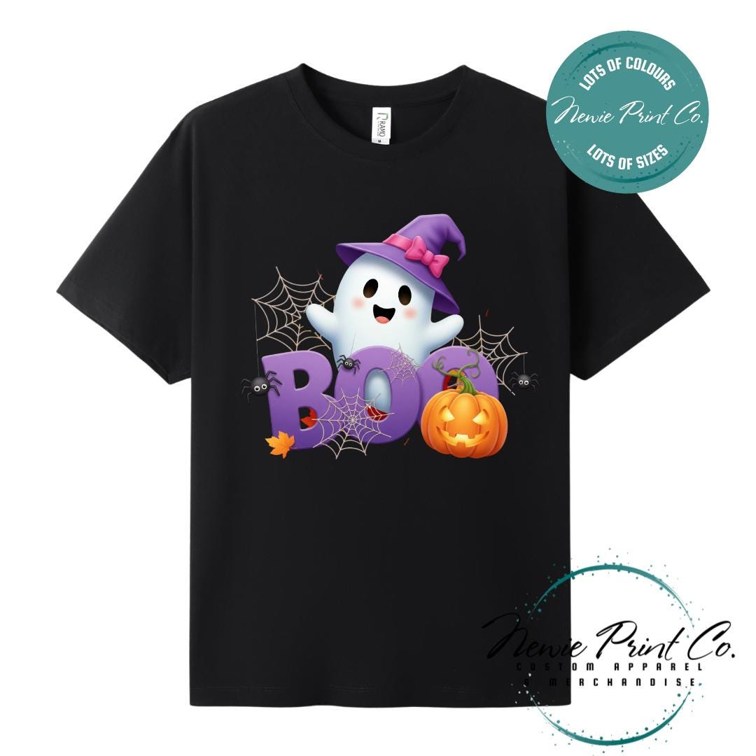 Custom Halloween t-shirts printed in Australia, featuring a cute but spooky design ghost design with the words boo in big bold letters and optional personalised names underneath - perfect for Halloween parties, school events, or family matching outfits.