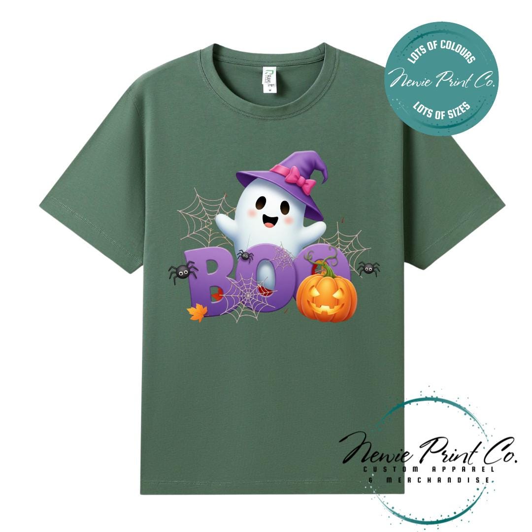 Custom Halloween t-shirts printed in Australia, featuring a cute but spooky design ghost design with the words boo in big bold letters and optional personalised names underneath - perfect for Halloween parties, school events, or family matching outfits.