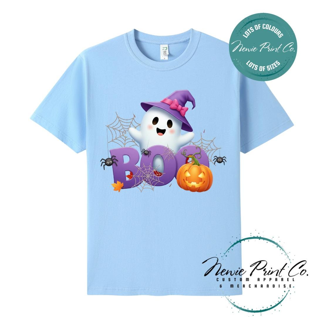 Custom Halloween t-shirts printed in Australia, featuring a cute but spooky design ghost design with the words boo in big bold letters and optional personalised names underneath - perfect for Halloween parties, school events, or family matching outfits.