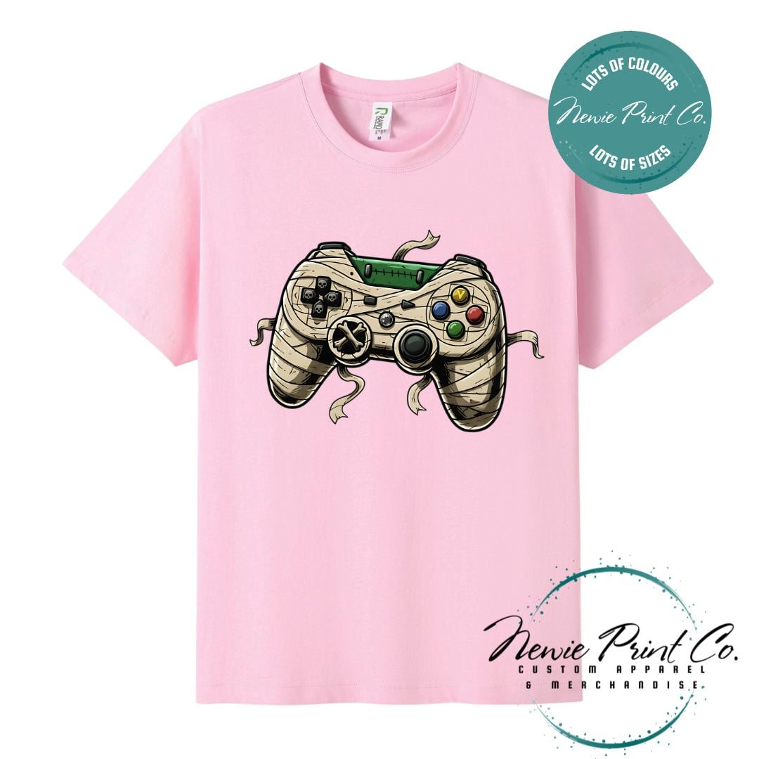 Custom Halloween t-shirts printed in Australia, featuring a spooky gamer design and optional personalised names — perfect for Halloween parties, school events, or family matching outfits.