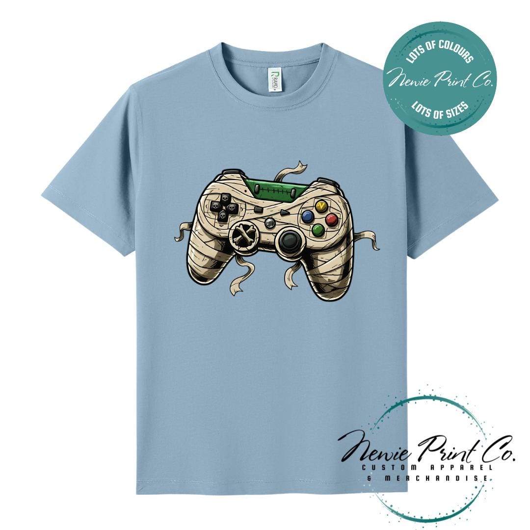 Custom Halloween t-shirts printed in Australia, featuring a spooky gamer design and optional personalised names — perfect for Halloween parties, school events, or family matching outfits.