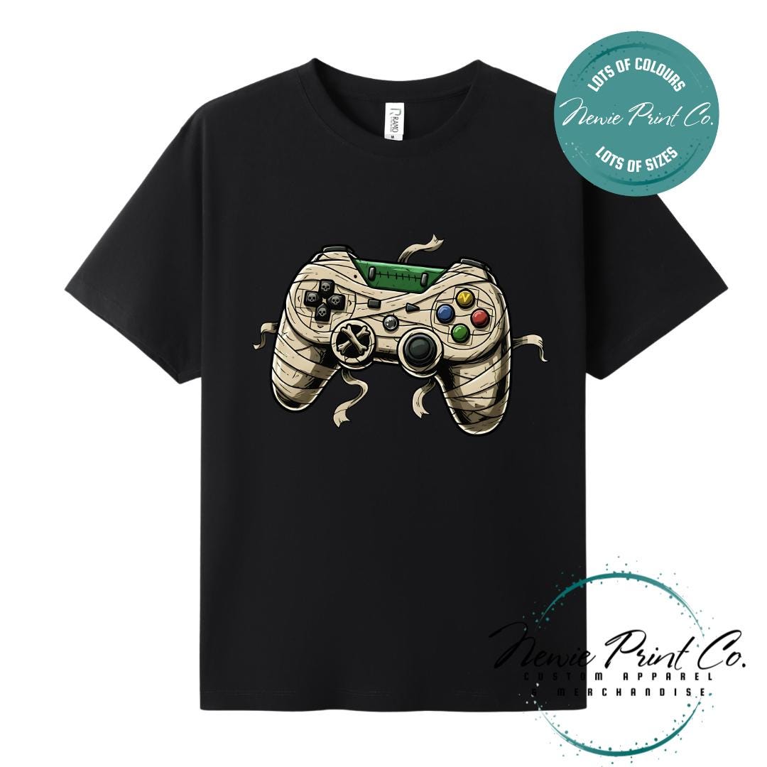 Custom Halloween t-shirts printed in Australia, featuring a spooky gamer design and optional personalised names — perfect for Halloween parties, school events, or family matching outfits.