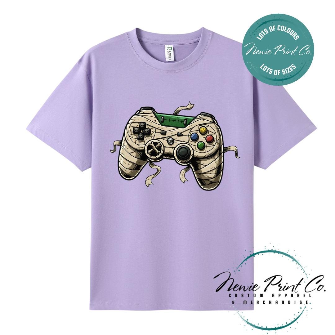 Custom Halloween t-shirts printed in Australia, featuring a spooky gamer design and optional personalised names — perfect for Halloween parties, school events, or family matching outfits.