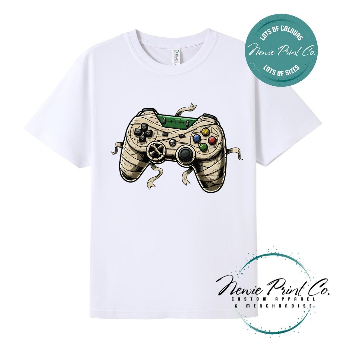 Custom Halloween t-shirts printed in Australia, featuring a spooky gamer design and optional personalised names — perfect for Halloween parties, school events, or family matching outfits.
