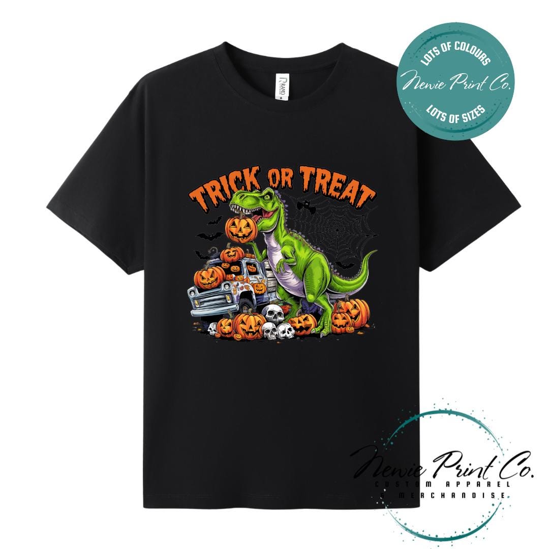 Custom Halloween t-shirts printed in Australia, featuring a spooky dinosaur and monster truck design and optional personalised names — perfect for Halloween parties, school events, or family matching outfits.