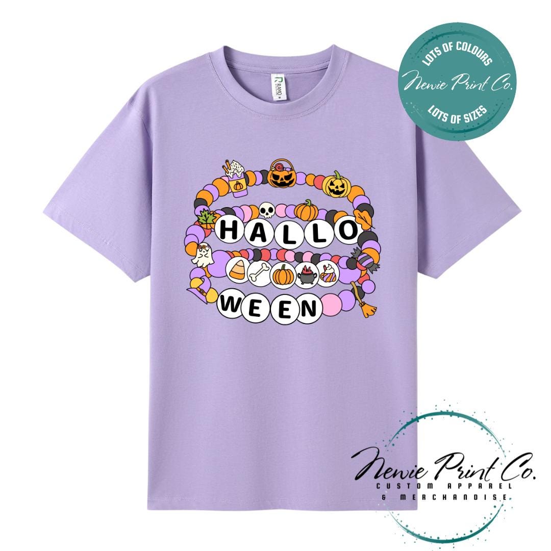 Custom Halloween t-shirts printed by in Australia, featuring a spooky friendship bracelet designs and optional personalised names — perfect for Halloween parties, school events, or family matching outfits.