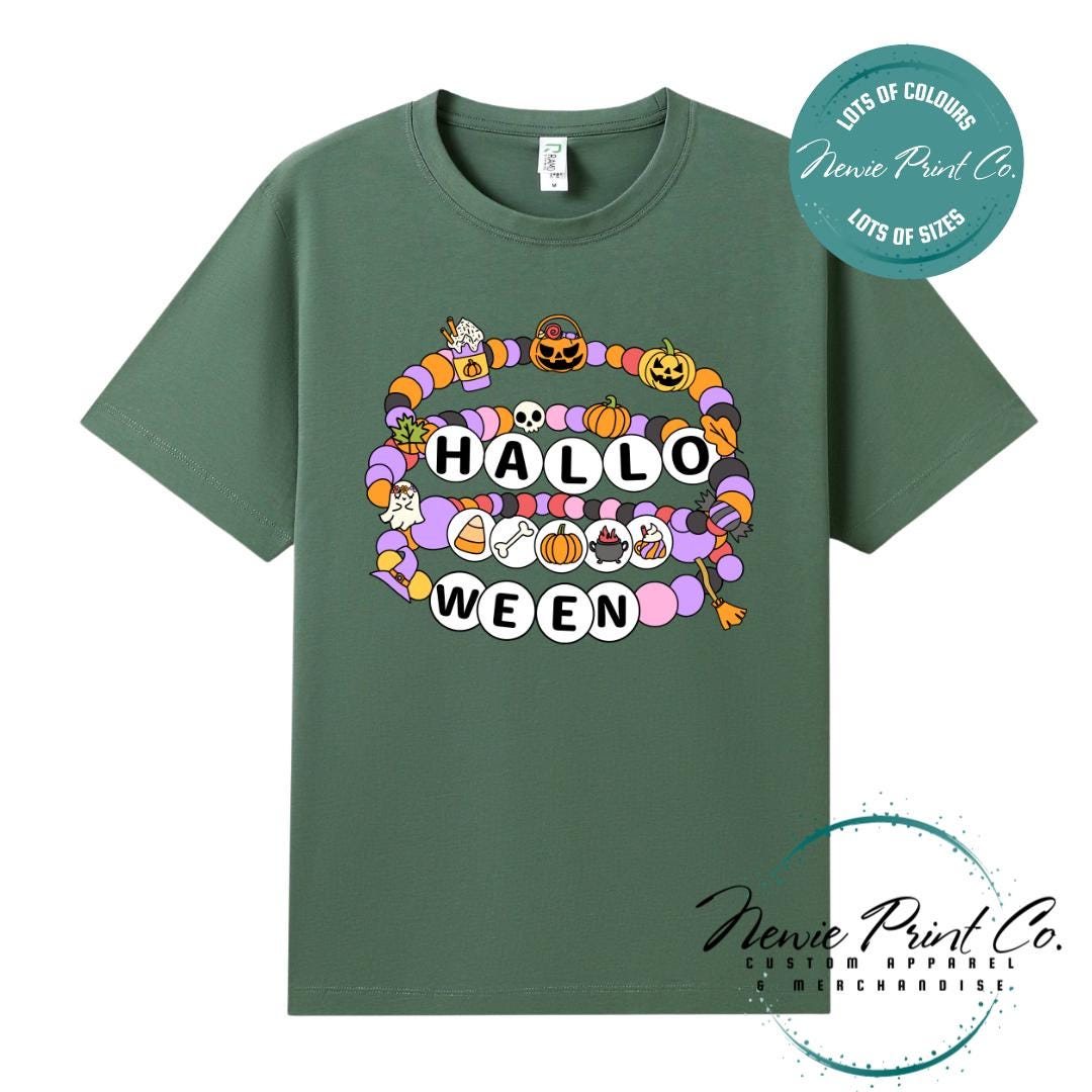 Custom Halloween t-shirts printed by in Australia, featuring a spooky friendship bracelet designs and optional personalised names — perfect for Halloween parties, school events, or family matching outfits.