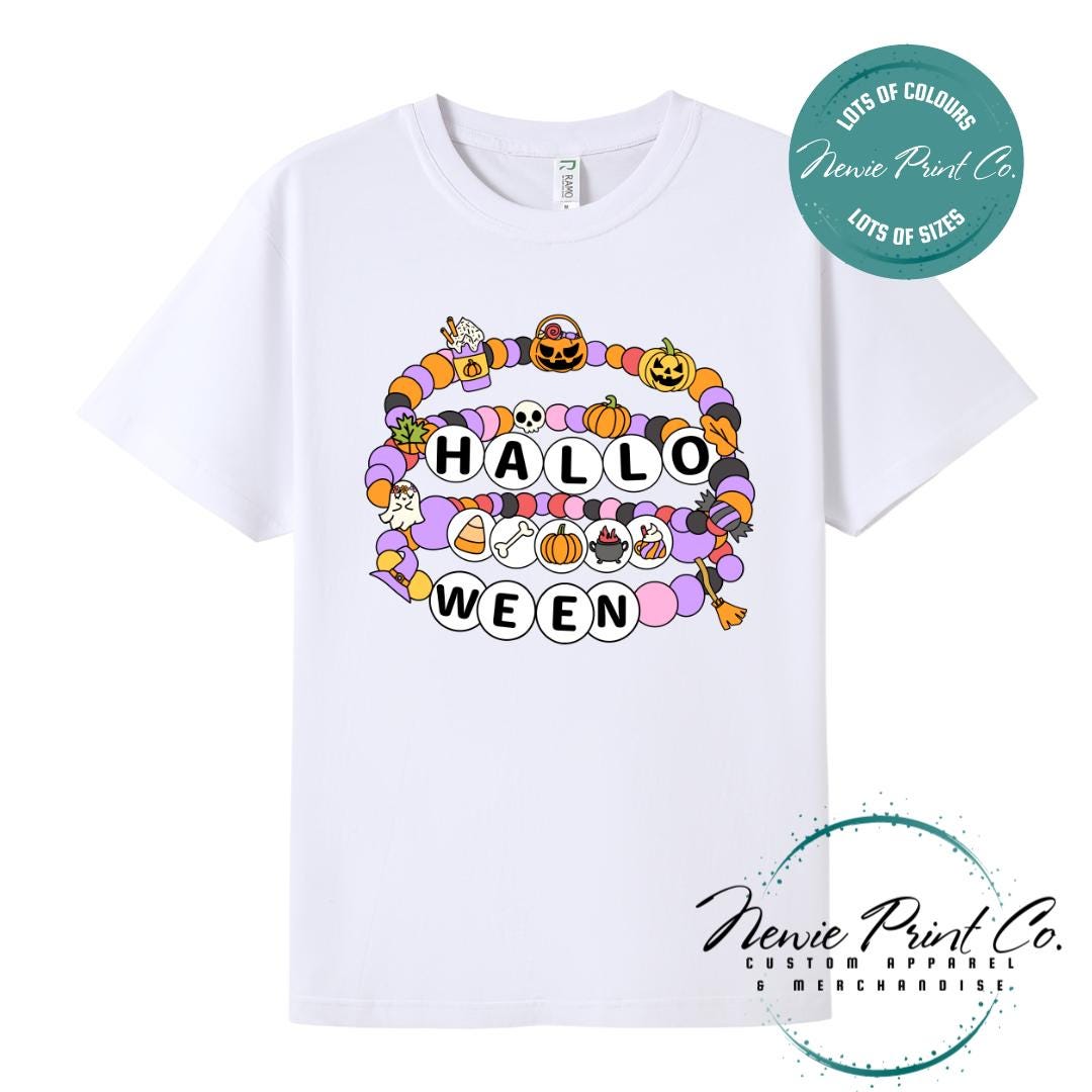 Custom Halloween t-shirts printed by in Australia, featuring a spooky friendship bracelet designs and optional personalised names — perfect for Halloween parties, school events, or family matching outfits.