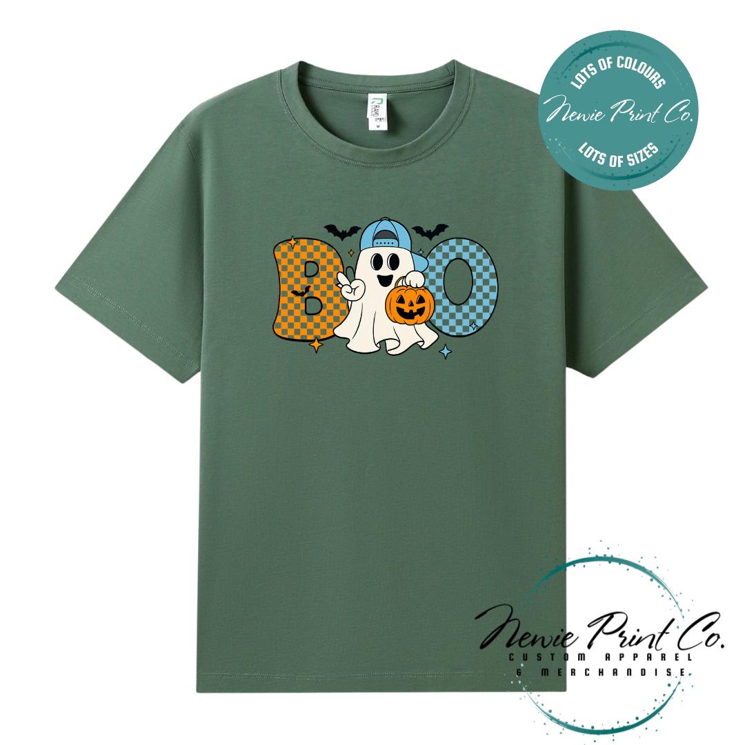 Custom Halloween t-shirts printed in Australia, featuring spooky designs and optional personalised names — perfect for Halloween parties, school events, or family matching outfits.