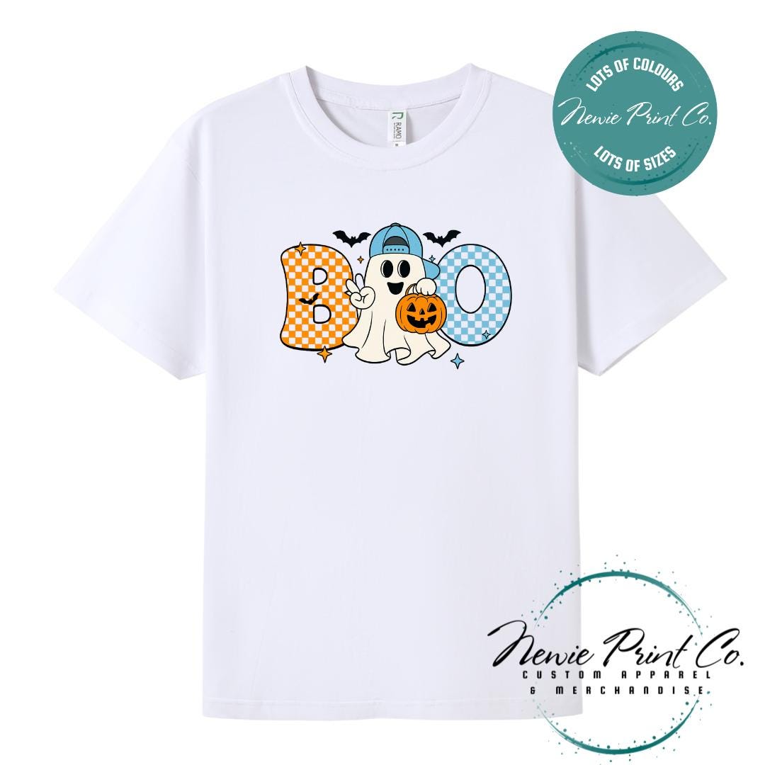 Custom Halloween t-shirts printed in Australia, featuring spooky designs and optional personalised names — perfect for Halloween parties, school events, or family matching outfits.
