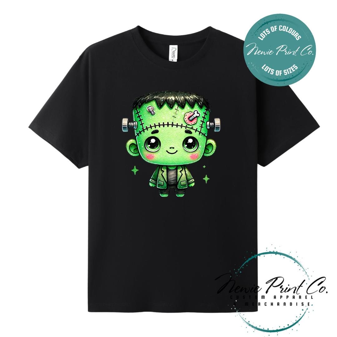 Custom Halloween t-shirts printed by in Australia by Newie Print Co, featuring a cute and spooky zombie Frankenstein and optional personalised names — perfect for Halloween parties, school events, or family matching outfits.