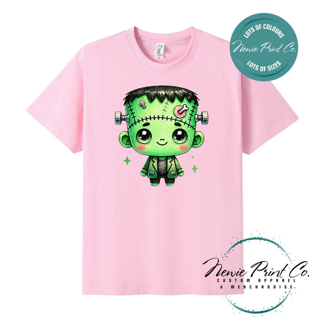 Custom Halloween t-shirts printed by in Australia by Newie Print Co, featuring a cute and spooky zombie Frankenstein and optional personalised names — perfect for Halloween parties, school events, or family matching outfits.