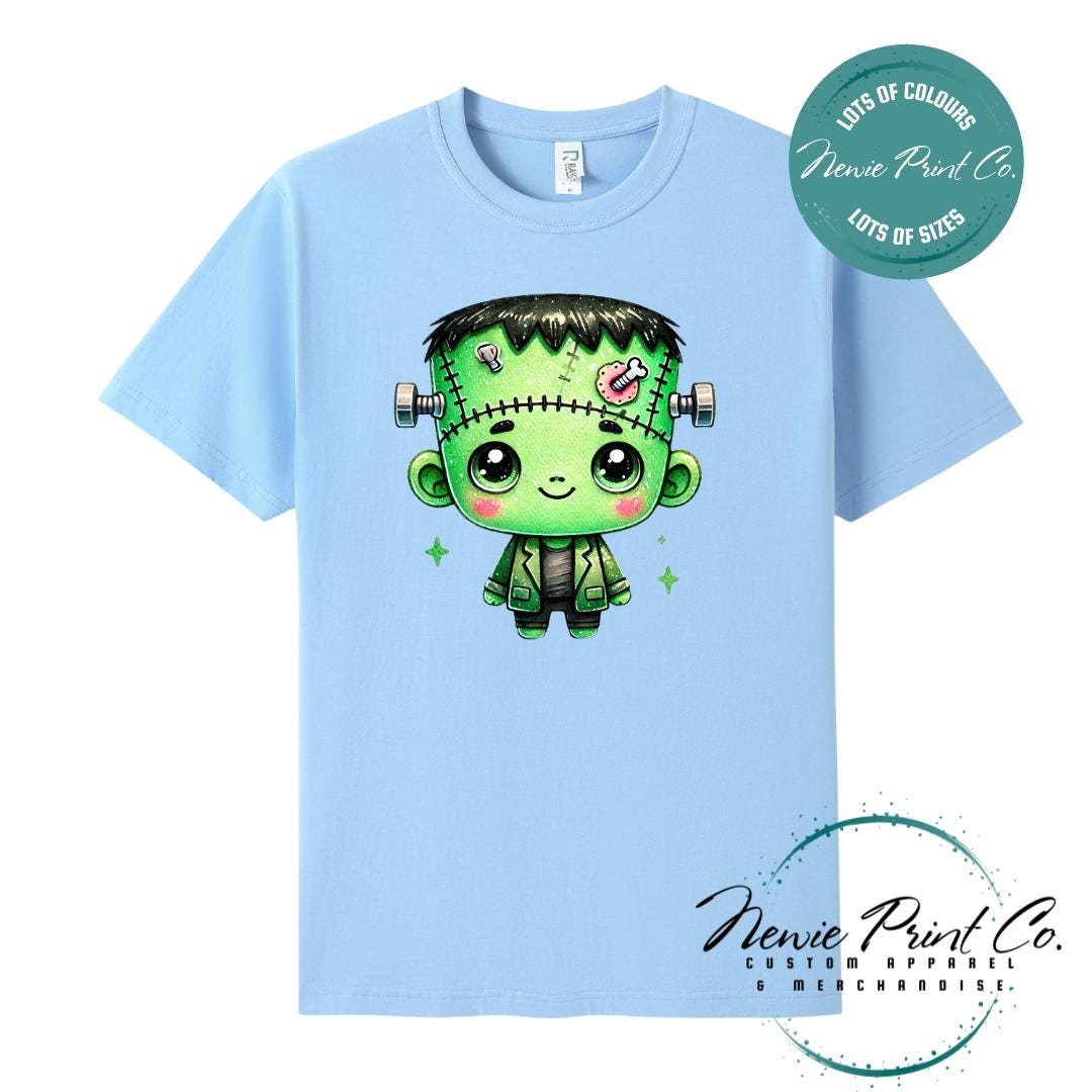 Custom Halloween t-shirts printed by in Australia by Newie Print Co, featuring a cute and spooky zombie Frankenstein and optional personalised names — perfect for Halloween parties, school events, or family matching outfits.