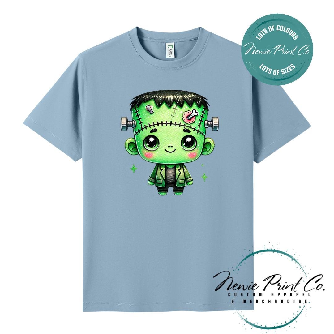 Custom Halloween t-shirts printed by in Australia by Newie Print Co, featuring a cute and spooky zombie Frankenstein and optional personalised names — perfect for Halloween parties, school events, or family matching outfits.