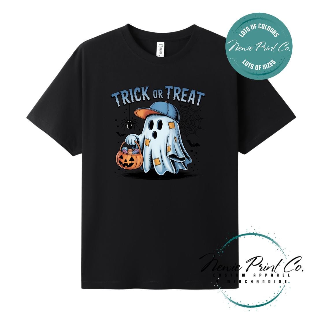 Custom Halloween t-shirts printed by Newie Print Co, featuring spooky designs and optional personalised names — perfect for Halloween parties, school events, or family matching outfits.