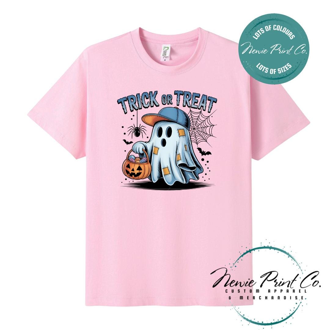 Custom Halloween t-shirts printed by Newie Print Co, featuring spooky designs and optional personalised names — perfect for Halloween parties, school events, or family matching outfits.