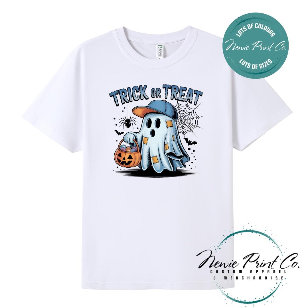 Custom Halloween t-shirts printed by Newie Print Co, featuring spooky designs and optional personalised names — perfect for Halloween parties, school events, or family matching outfits.