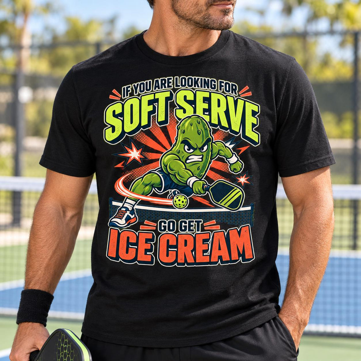 Funny Pickleball Shirt, Soft Serve Ice Cream Tee, Fierce Pickle Mascot T-Shirt, Pickleball Player Gift, Unisex Sports Tee