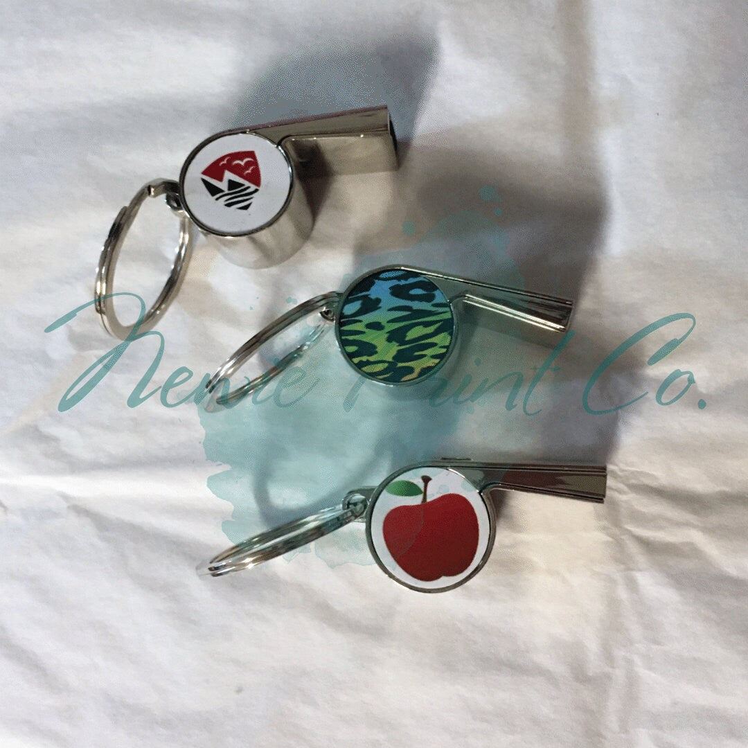 Custom printed whistle keyring gift for coach or teacher, personalised with name and team logo, displayed in gift box from Newie Print Co.