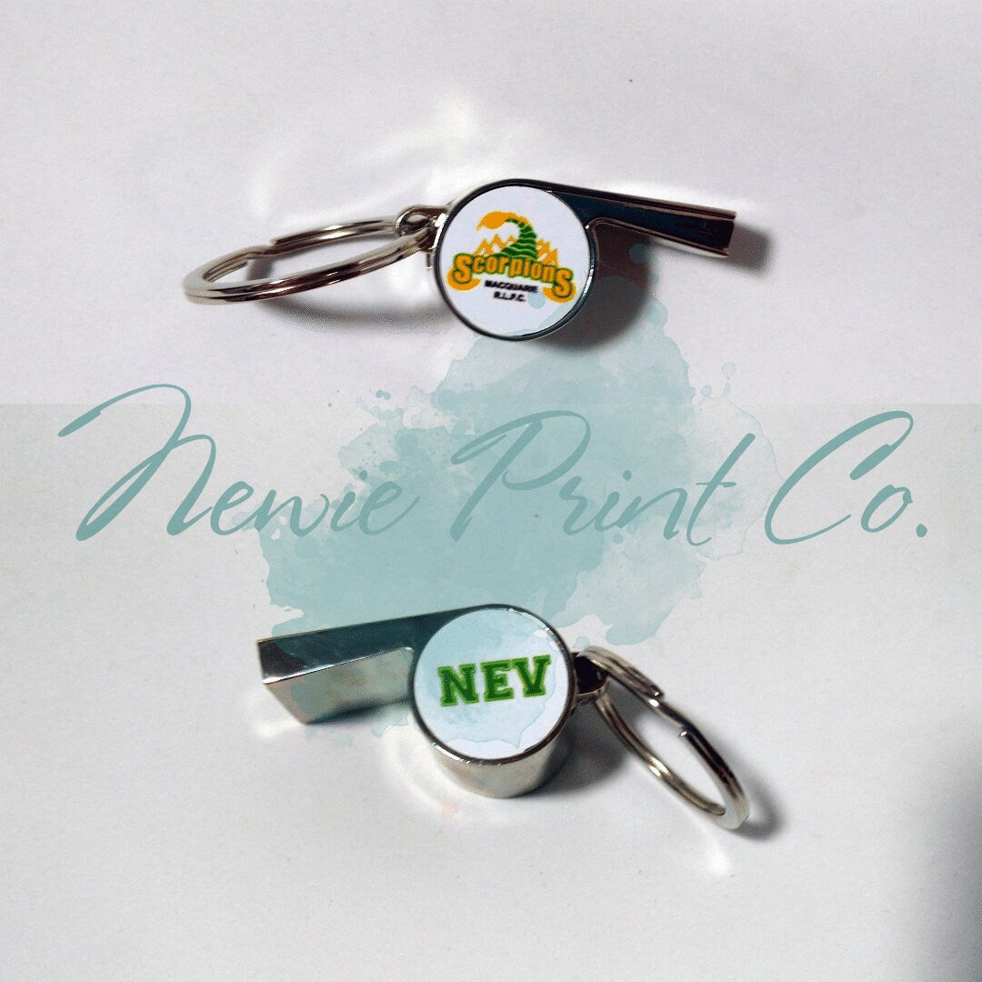 Custom printed whistle keyring gift for coach or teacher, personalised with name and team logo, displayed in gift box from Newie Print Co.