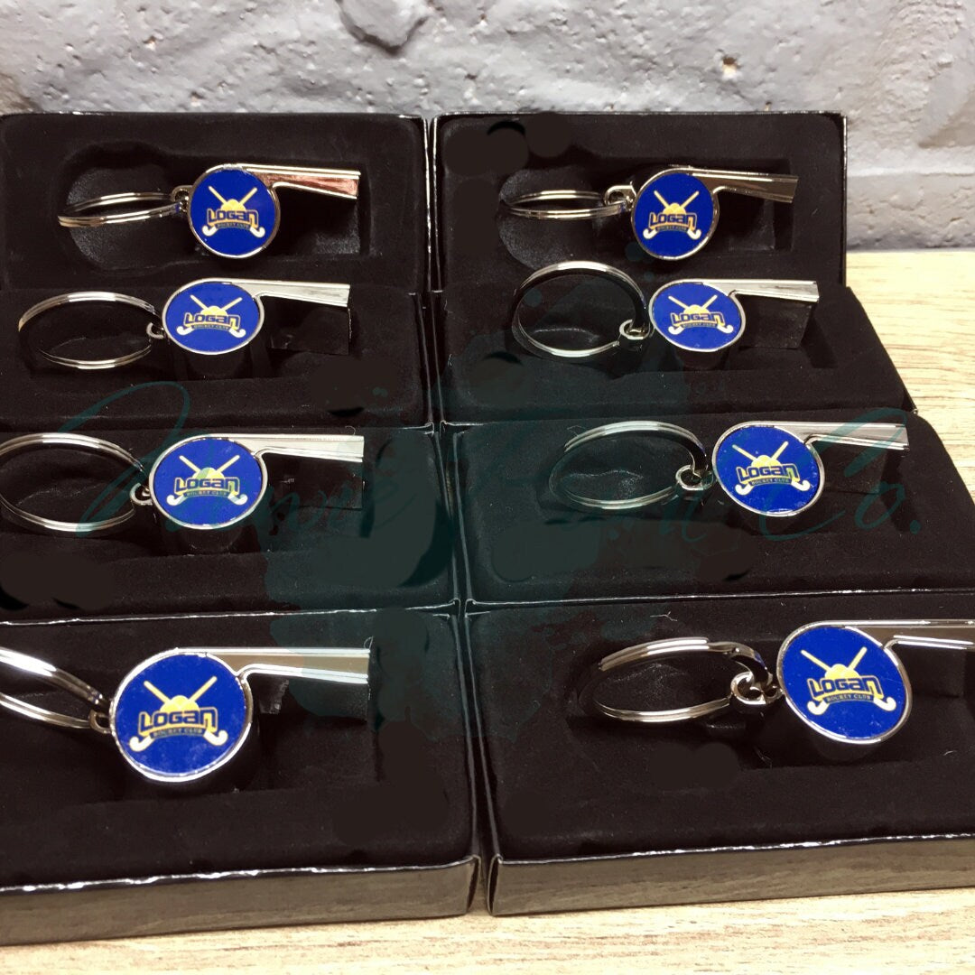 Custom printed whistle keyring gift for coach or teacher, personalised with name and team logo, displayed in gift box from Newie Print Co.