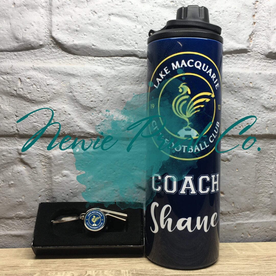 Custom printed whistle keyring gift for coach or teacher, personalised with name and team logo, displayed in gift box from Newie Print Co.