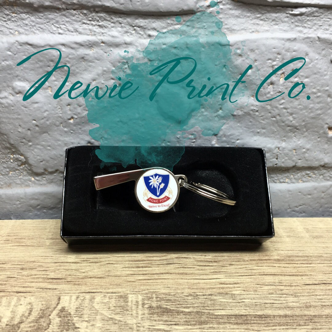 Custom printed whistle keyring gift for coach or teacher, personalised with name and team logo, displayed in gift box from Newie Print Co.