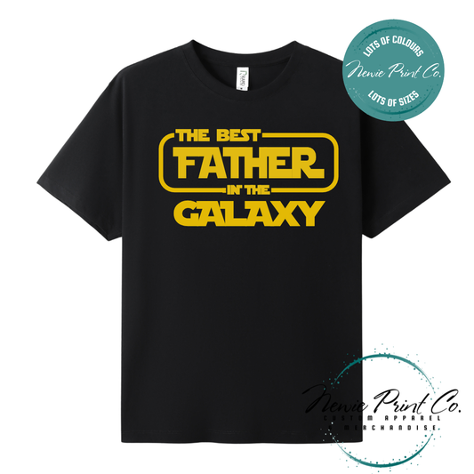 Funny t-shirt and jumper with the text “Best Father in the Galaxy customizable  Humorous Star Wars-inspired quote printed on 100% cotton apparel using high-quality DTF/DTG print. Perfect gift for dads, Father’s Day.