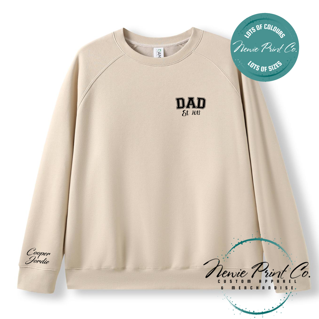 Personalised Dad t-shirt and jumper with “Dad Est. [Year]” on the chest and kids' names printed on the sleeve. Custom Father’s Day gift made from soft cotton, featuring high-quality DTF/DTG print. Unique gift for dads, birthdays, or new fathers.