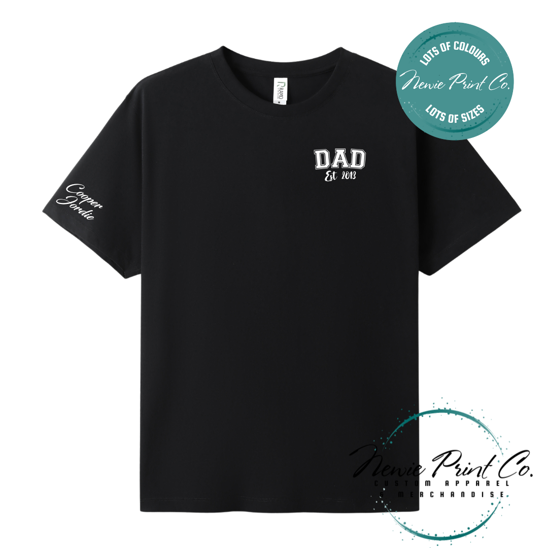 Personalised Dad t-shirt and jumper with “Dad Est. [Year]” on the chest and kids' names printed on the sleeve. Custom Father’s Day gift made from soft cotton, featuring high-quality DTF/DTG print. Unique gift for dads, birthdays, or new fathers.