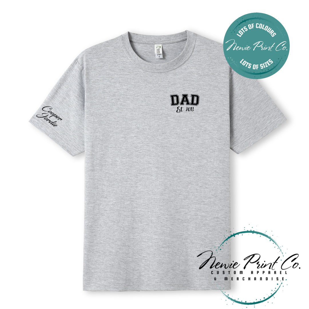 Personalised Dad t-shirt and jumper with “Dad Est. [Year]” on the chest and kids' names printed on the sleeve. Custom Father’s Day gift made from soft cotton, featuring high-quality DTF/DTG print. Unique gift for dads, birthdays, or new fathers.