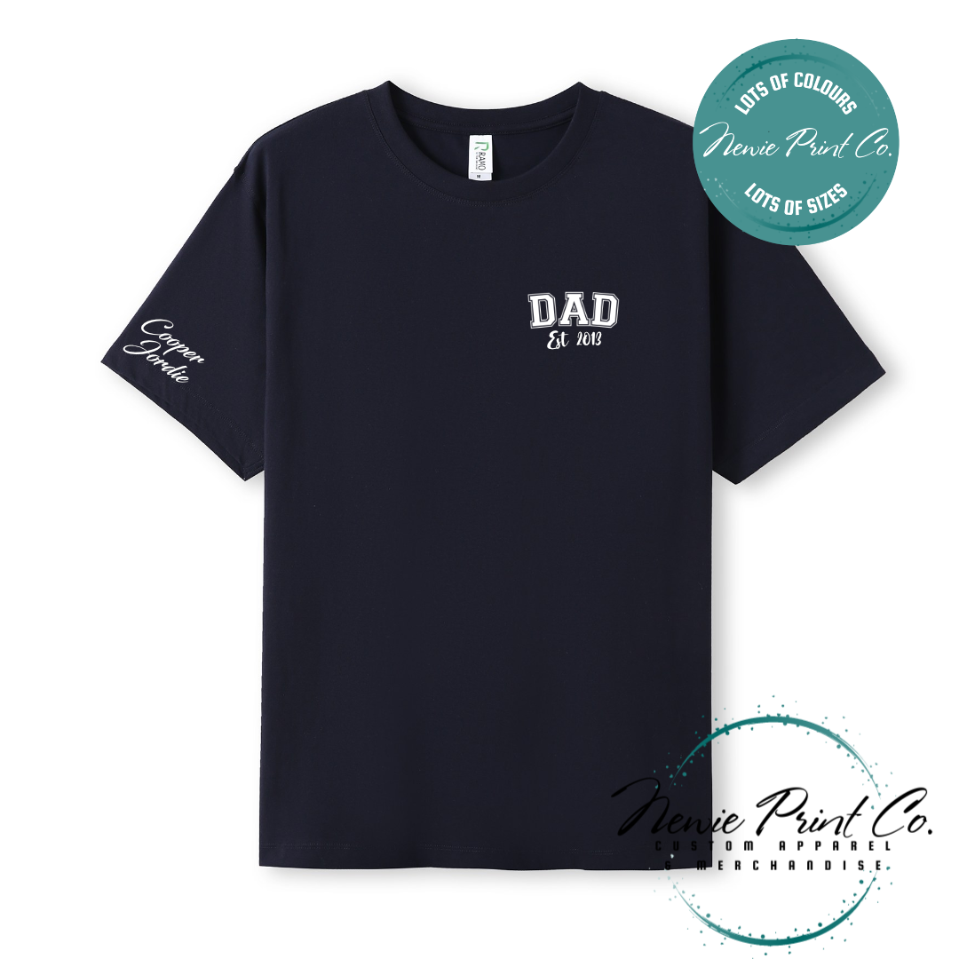 Personalised Dad t-shirt and jumper with “Dad Est. [Year]” on the chest and kids' names printed on the sleeve. Custom Father’s Day gift made from soft cotton, featuring high-quality DTF/DTG print. Unique gift for dads, birthdays, or new fathers.