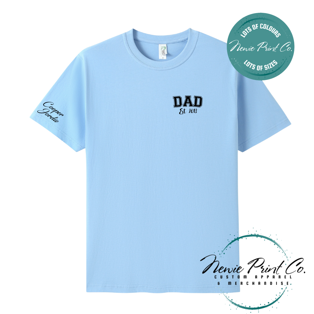 Personalised Dad t-shirt and jumper with “Dad Est. [Year]” on the chest and kids' names printed on the sleeve. Custom Father’s Day gift made from soft cotton, featuring high-quality DTF/DTG print. Unique gift for dads, birthdays, or new fathers.