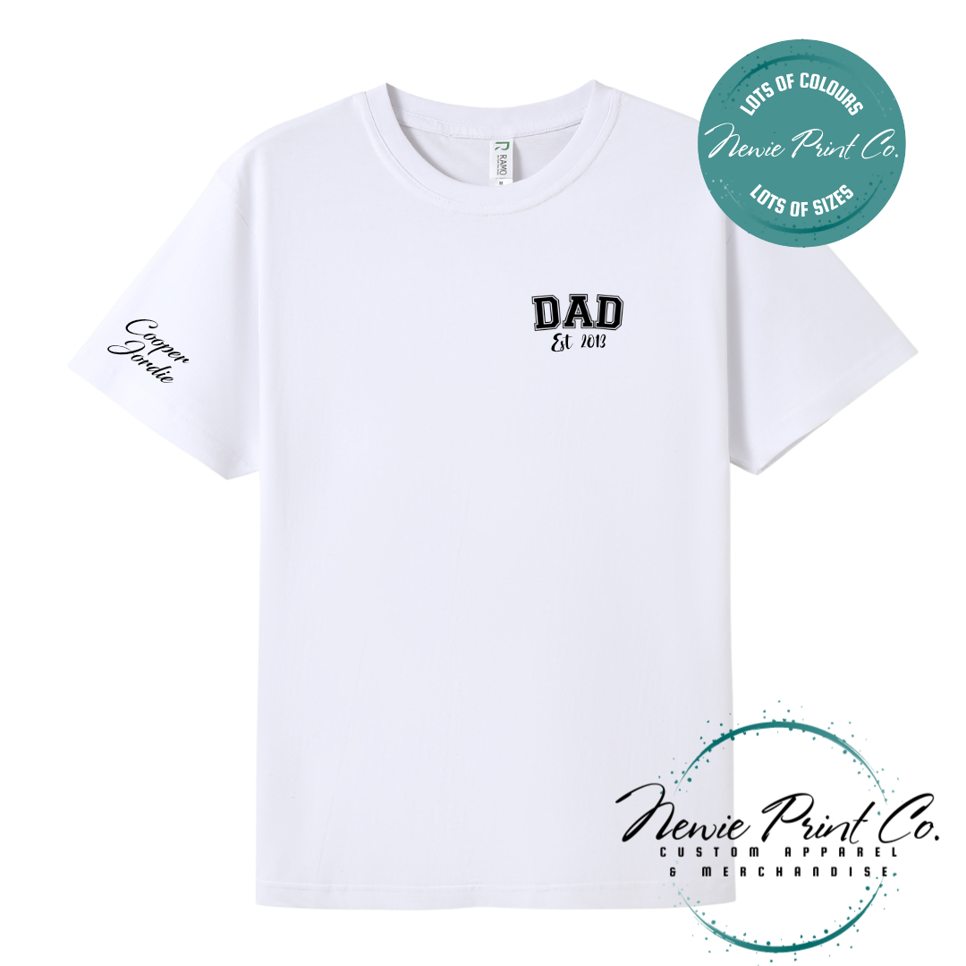 Personalised Dad t-shirt and jumper with “Dad Est. [Year]” on the chest and kids' names printed on the sleeve. Custom Father’s Day gift made from soft cotton, featuring high-quality DTF/DTG print. Unique gift for dads, birthdays, or new fathers.