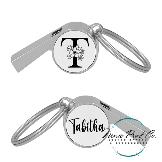 Custom printed whistle keyring gift for coach or teacher, personalised with name and team logo, displayed in gift box from Newie Print Co.
