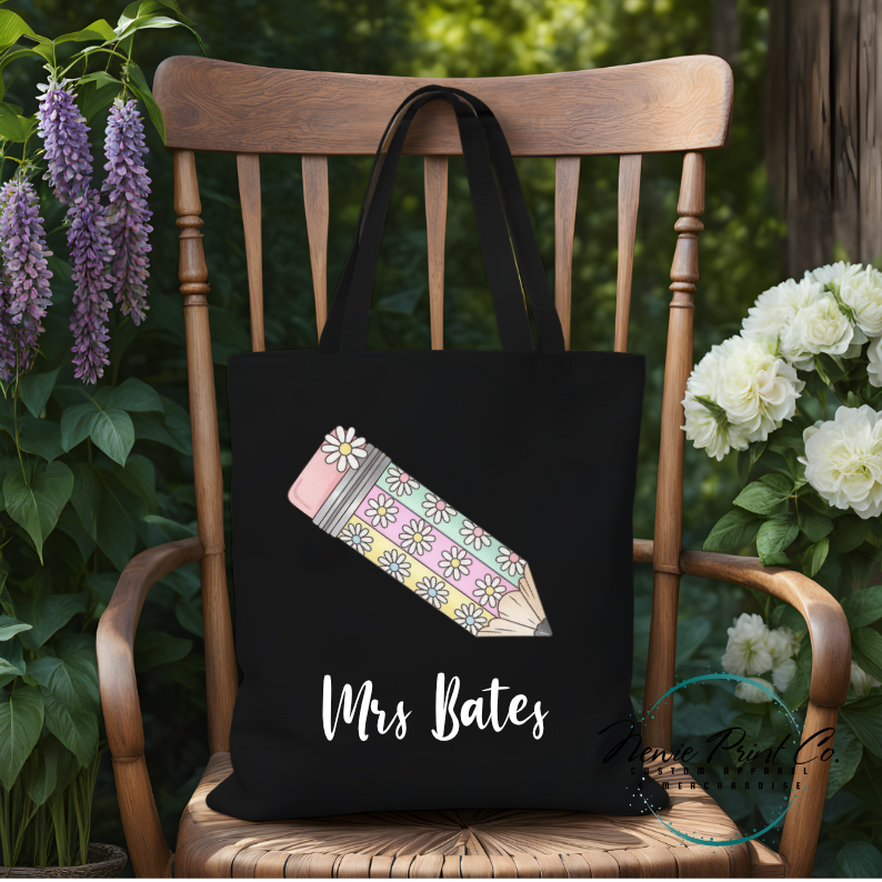 custom printed tote with floral pencil design for teachers