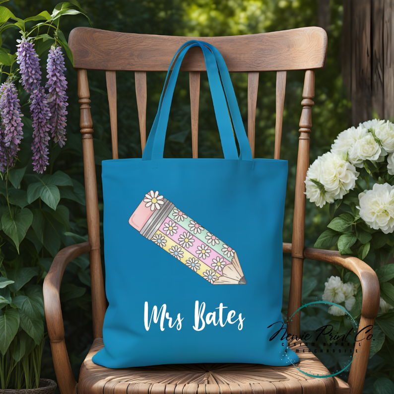 custom printed tote with floral pencil design for teachers