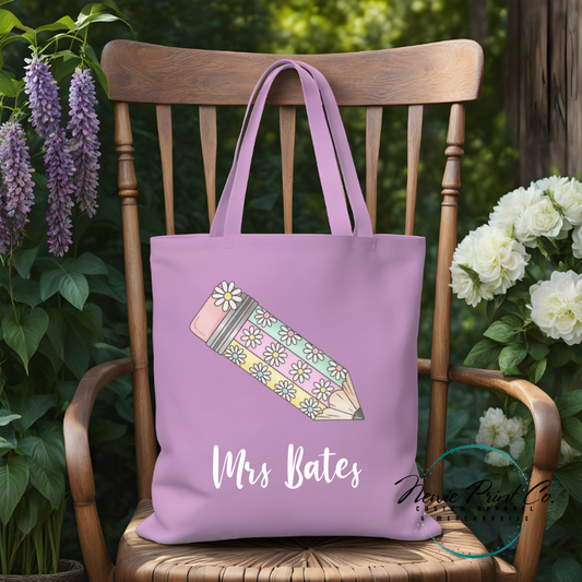 custom printed tote with floral pencil design for teachers