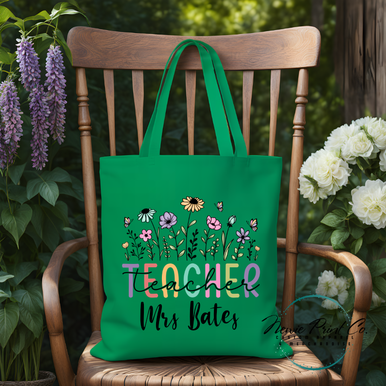 custom printed tote bag floral teacher image and teacher name