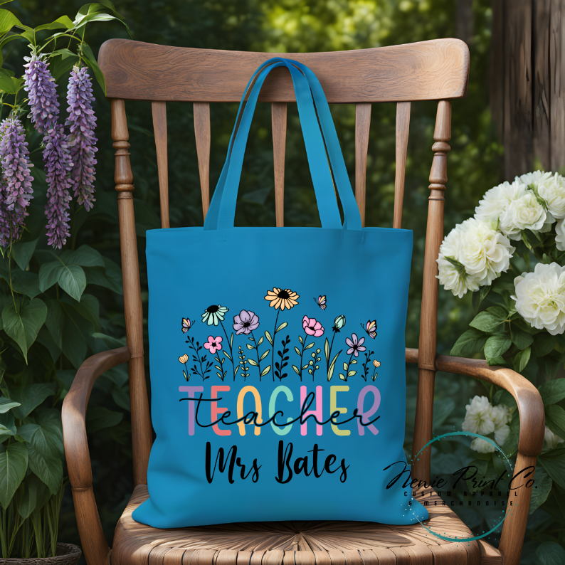custom printed tote bag floral teacher image and teacher name