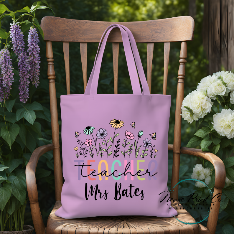 custom printed tote bag floral teacher image and teacher name