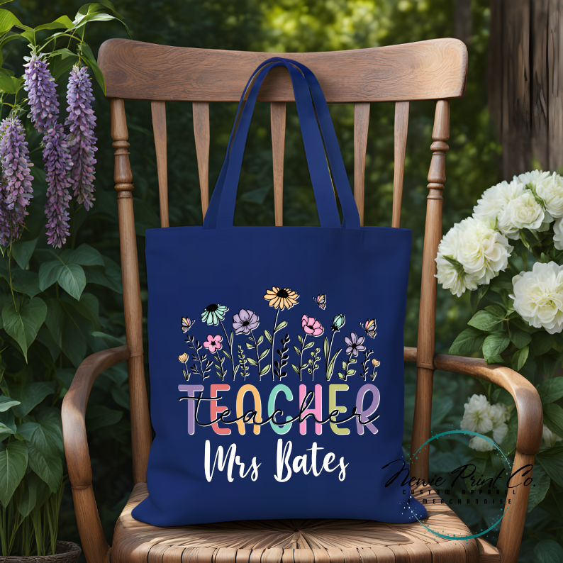 custom printed tote bag floral teacher image and teacher name