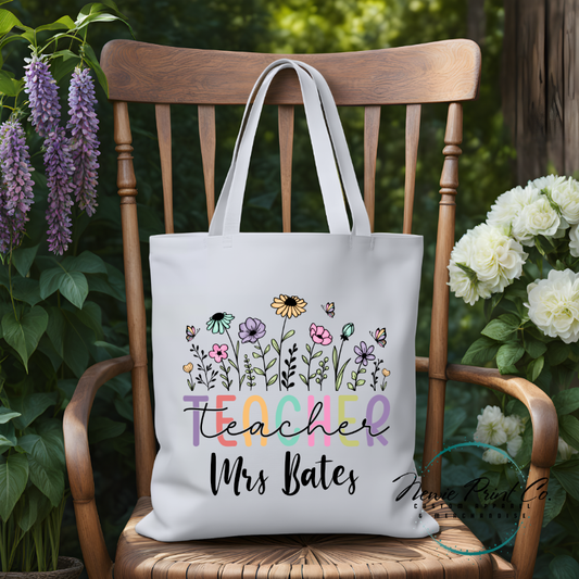 custom printed tote bag floral teacher image and teacher name