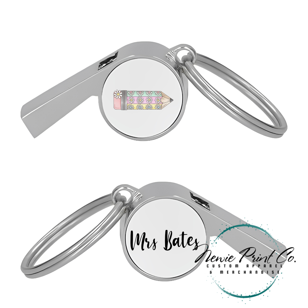 Custom printed whistle keyring gift for coach or teacher, personalised with name and team logo, displayed in gift box from Newie Print Co.