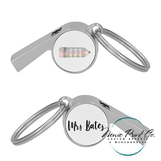 Custom printed whistle keyring gift for coach or teacher, personalised with name and team logo, displayed in gift box from Newie Print Co.